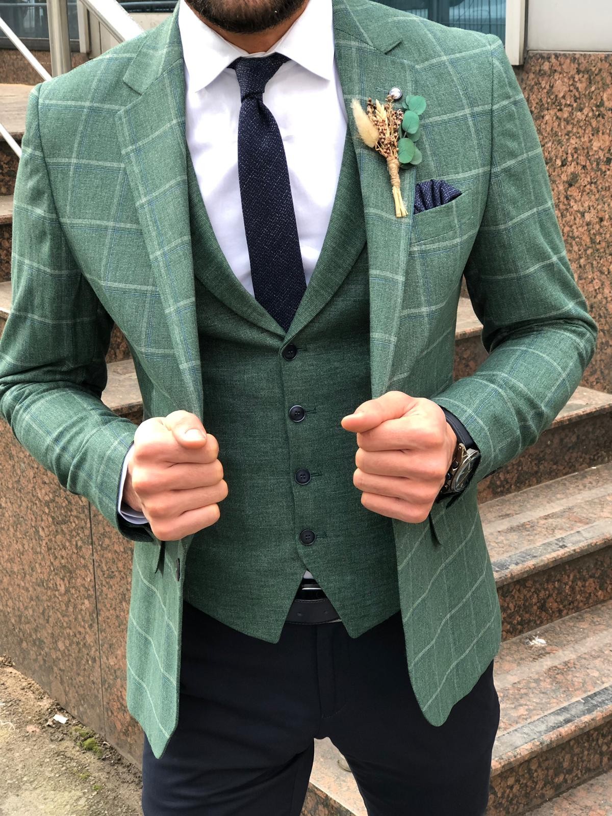Buy Green Slim Fit Plaid Suit by  with Free Shipping