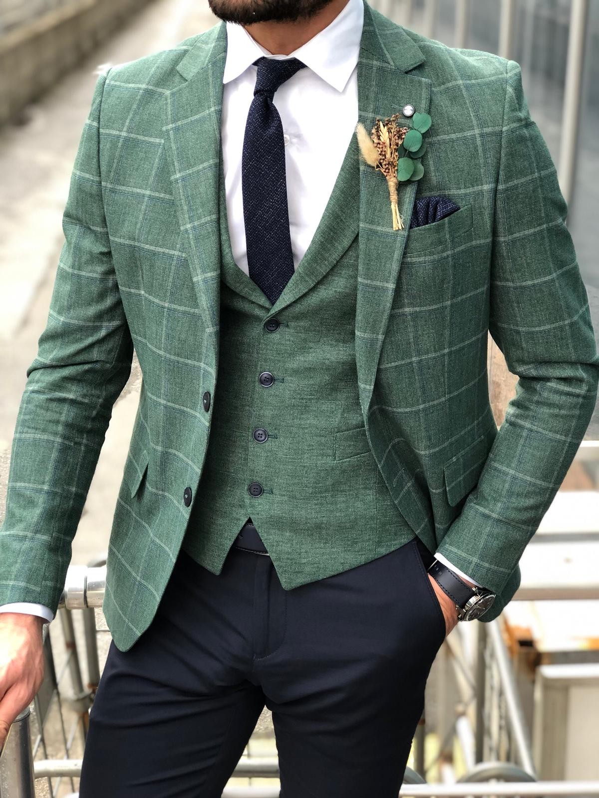 Buy Green Slim Fit Plaid Suit by  with Free Shipping