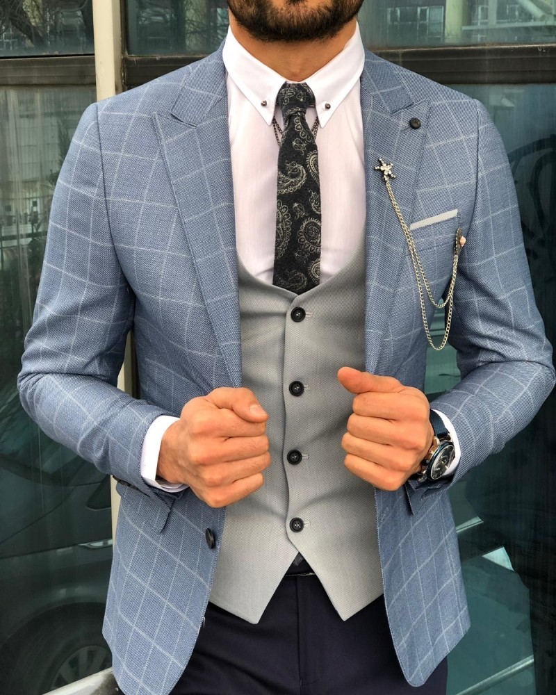 Blue Slim Fit Plaid Suit by Gentwith.com with Free Shipping