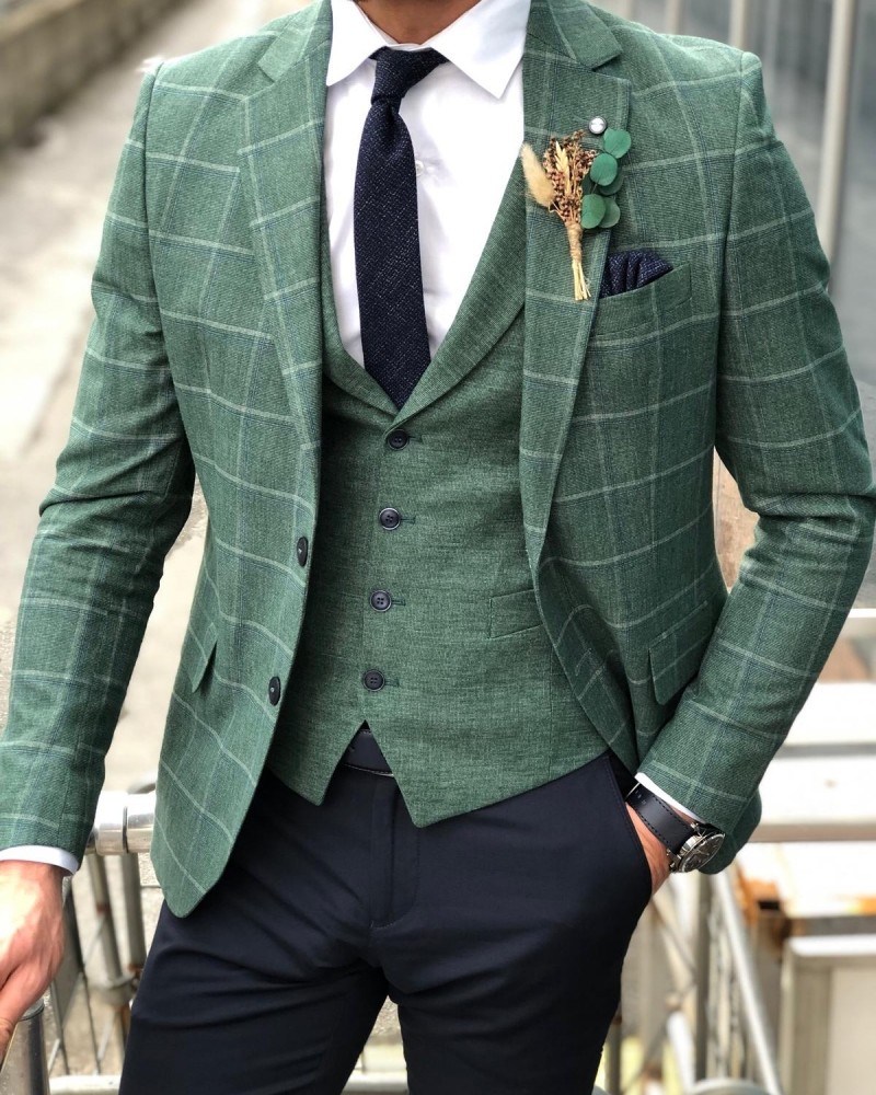 Green Slim Fit Plaid Suit by Gentwith.com with Free Shipping