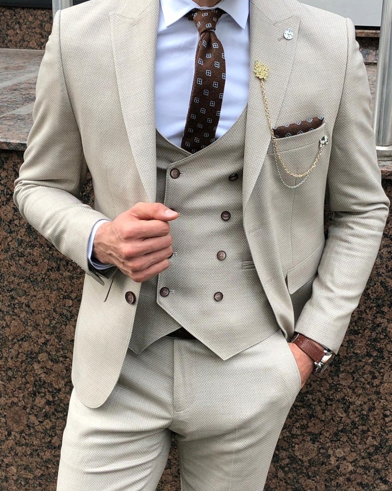Beige Slim Fit Suit by Gentwith.com with Free Shipping