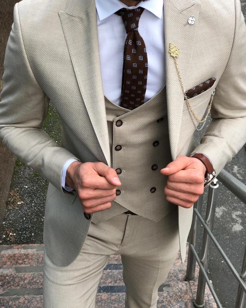 Beige Slim Fit Suit by Gentwith.com with Free Shipping