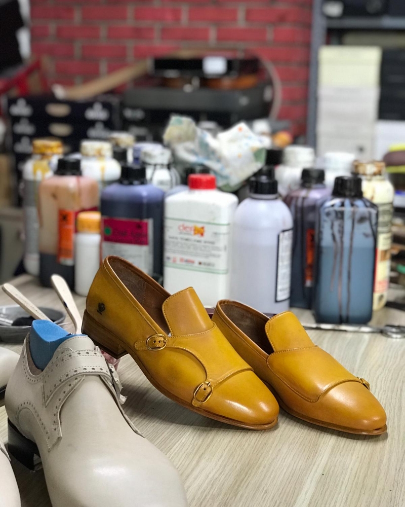 Handmade Yellow Genuine Leather Double Monk Strap Loafers by GentWith.com with Free Worldwide Shipping