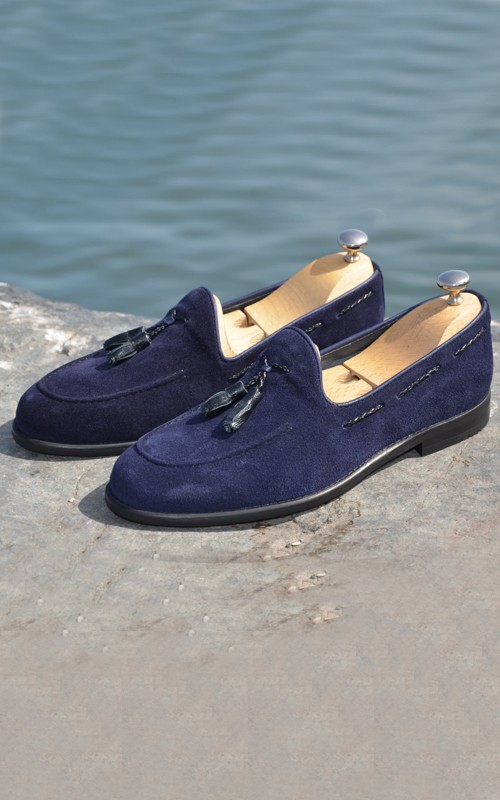 Men Blue Loafer Tassel Suede Leather Shoes