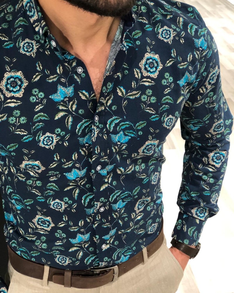 Turquoise Slim Fit Floral Shirt by Gentwith.com with Free Shipping