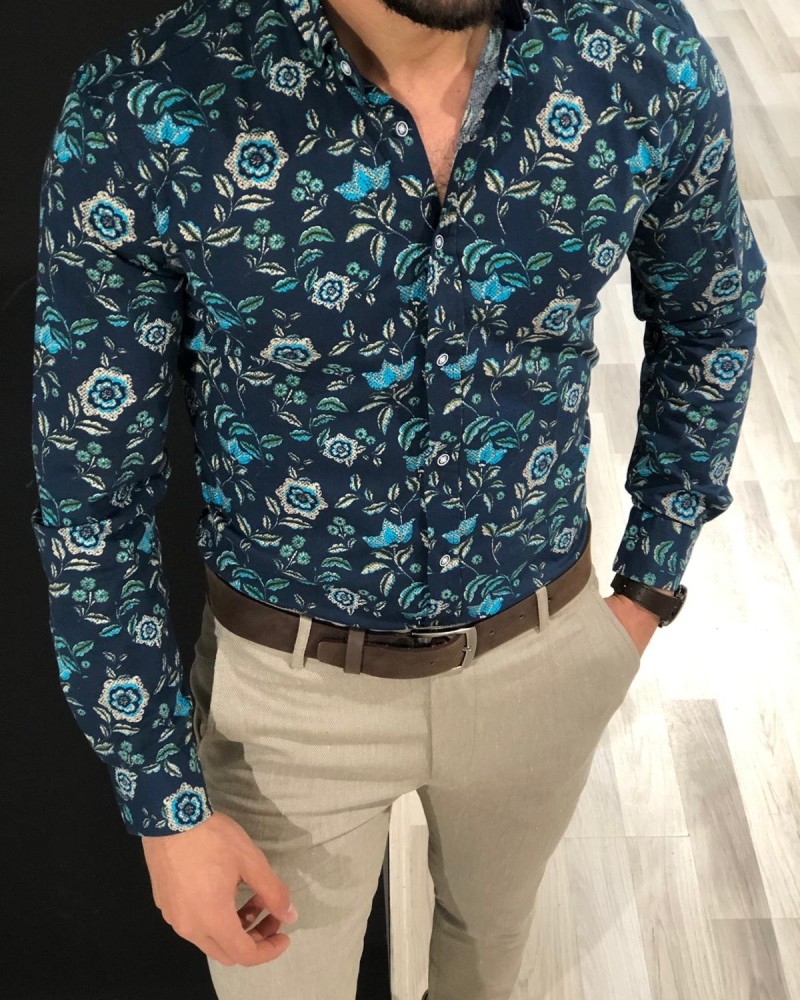 Turquoise Slim Fit Floral Shirt by Gentwith.com with Free Shipping