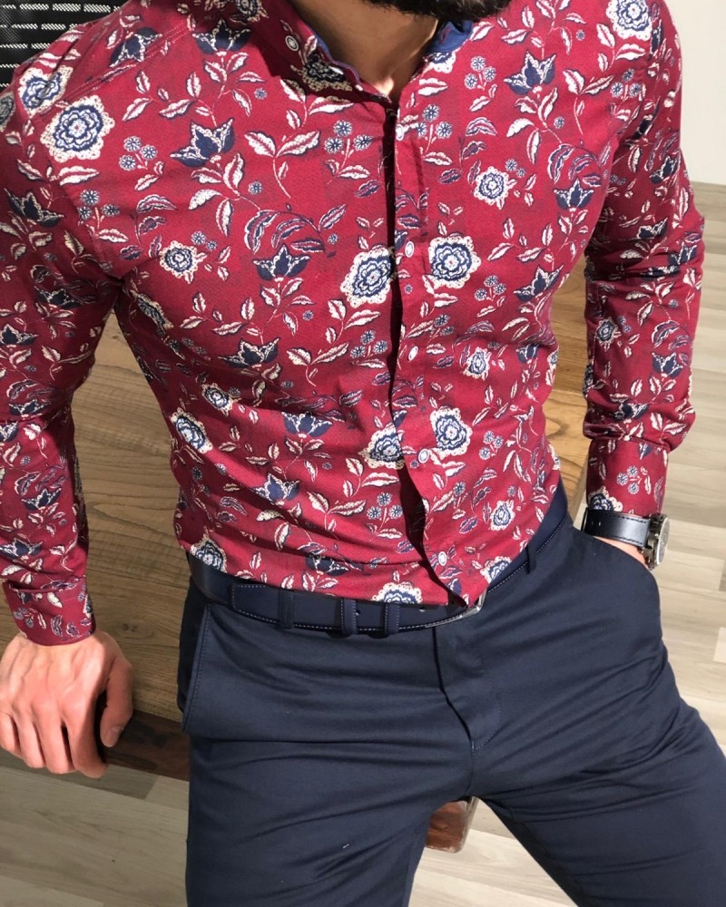 Claret Red Slim Fit Floral Shirt by Gentwith.com with Free Shipping