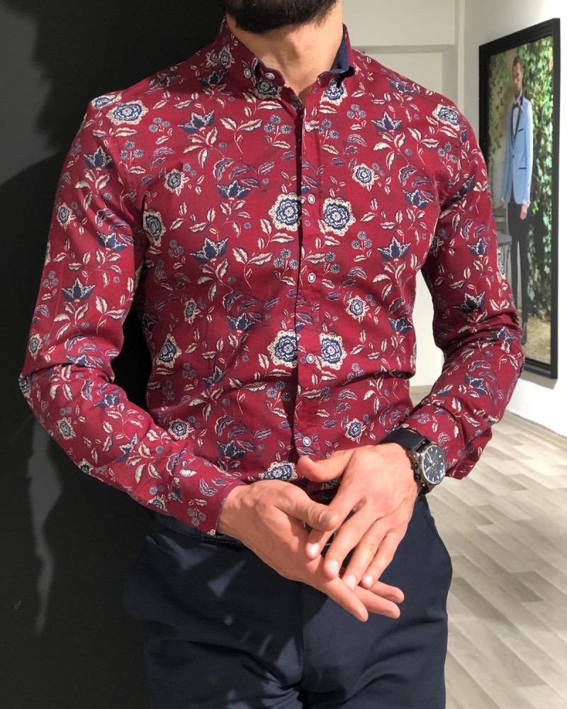 Claret Red Slim Fit Floral Shirt by Gentwith.com with Free Shipping