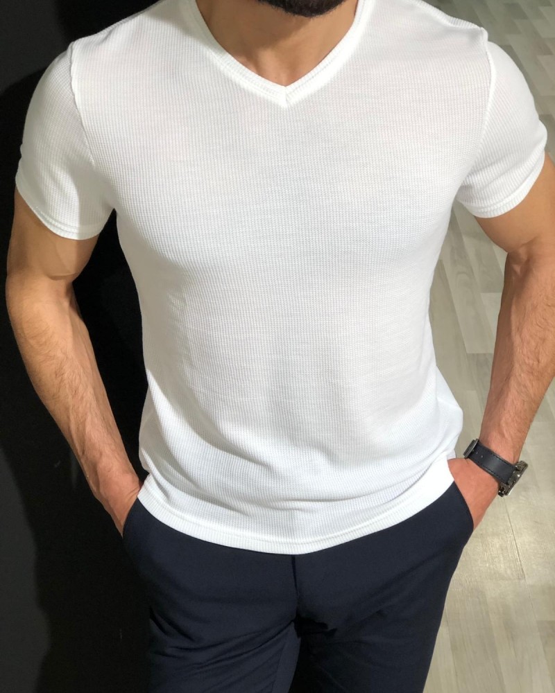 White Slim Fit Jacquard T-Shirt by Gentwith.com