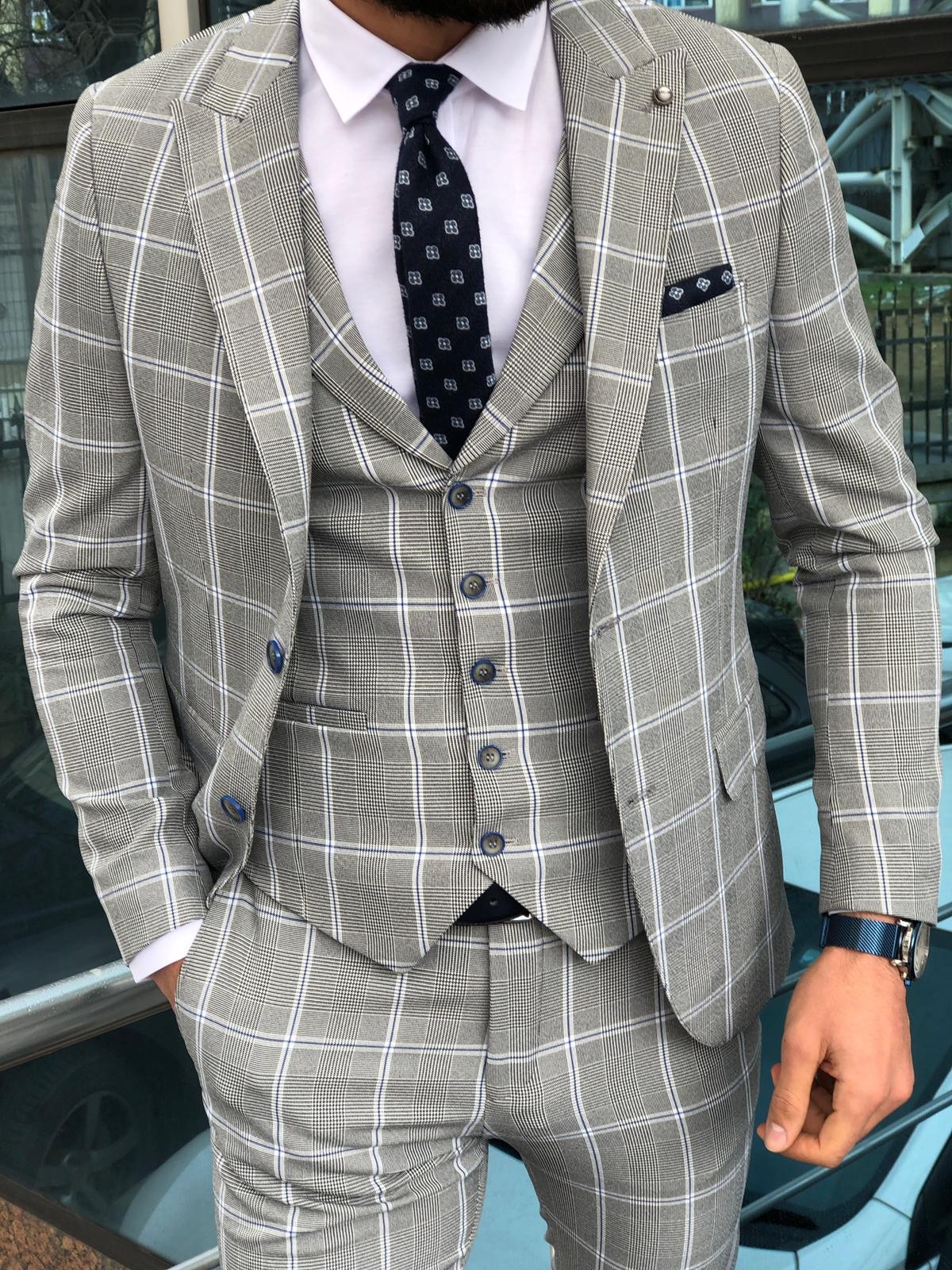 Buy Gray Slim Fit Plaid Suit by Gentwith.com with Free Shipping