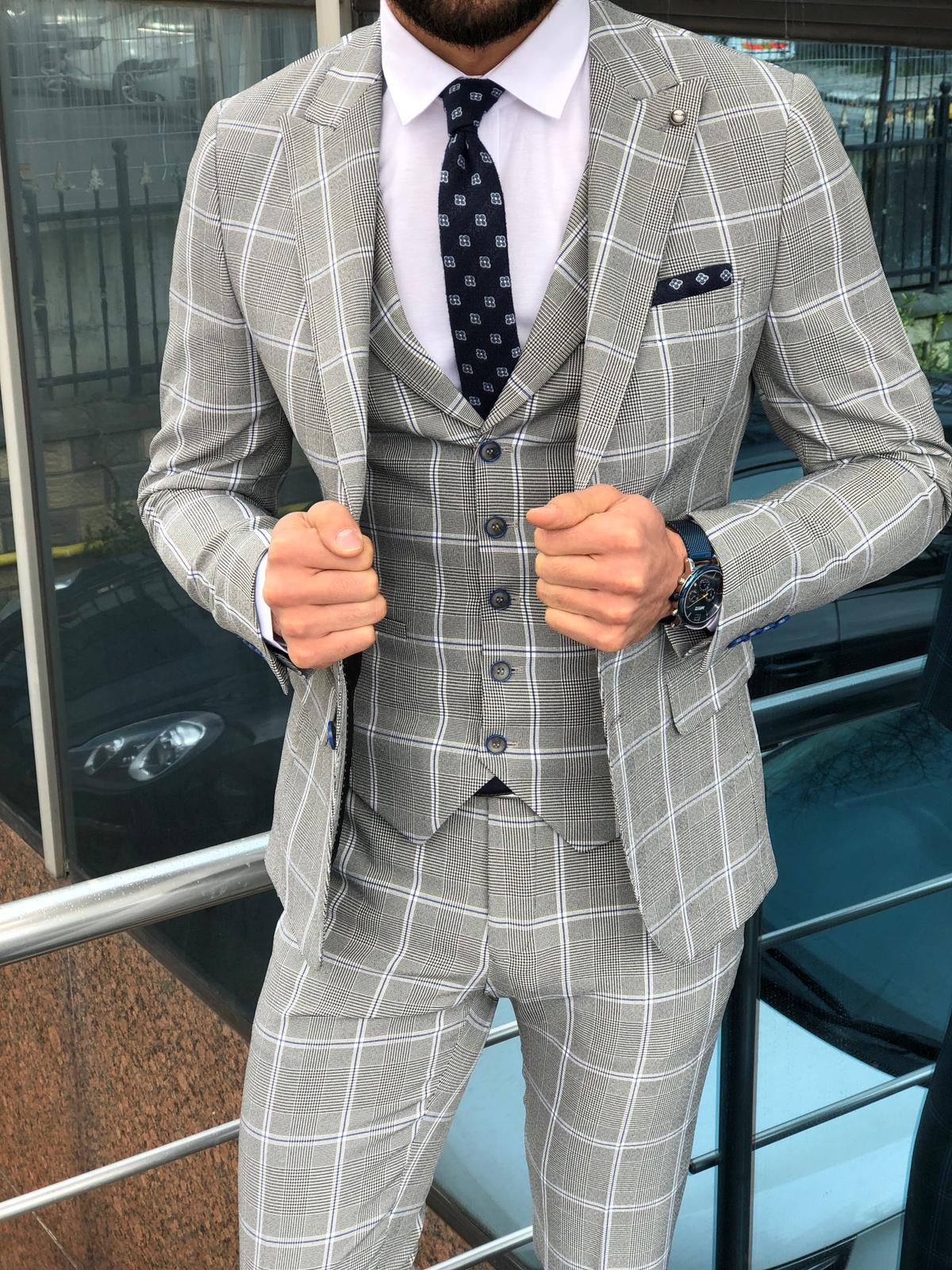 Gray Slim Fit Plaid Suit by Gentwith.com with Free Shipping
