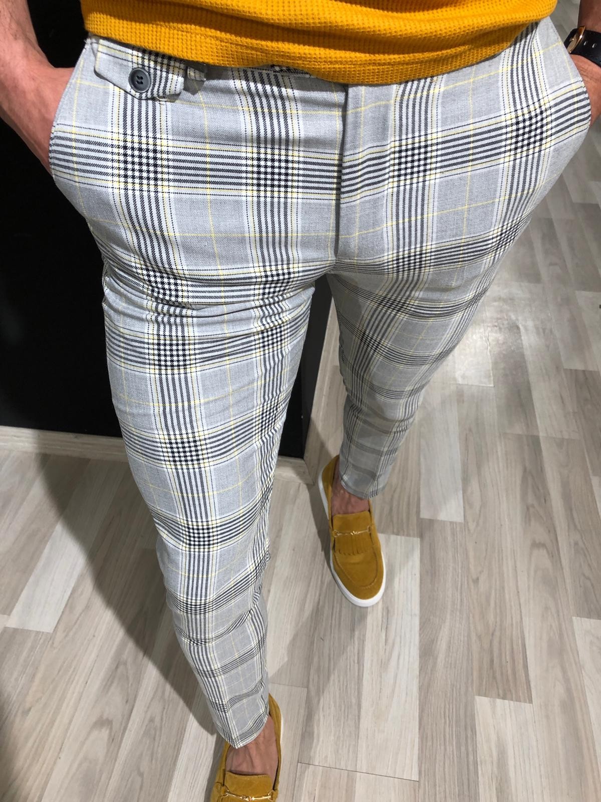 Buy Yellow Slim Fit Plaid Pants by 