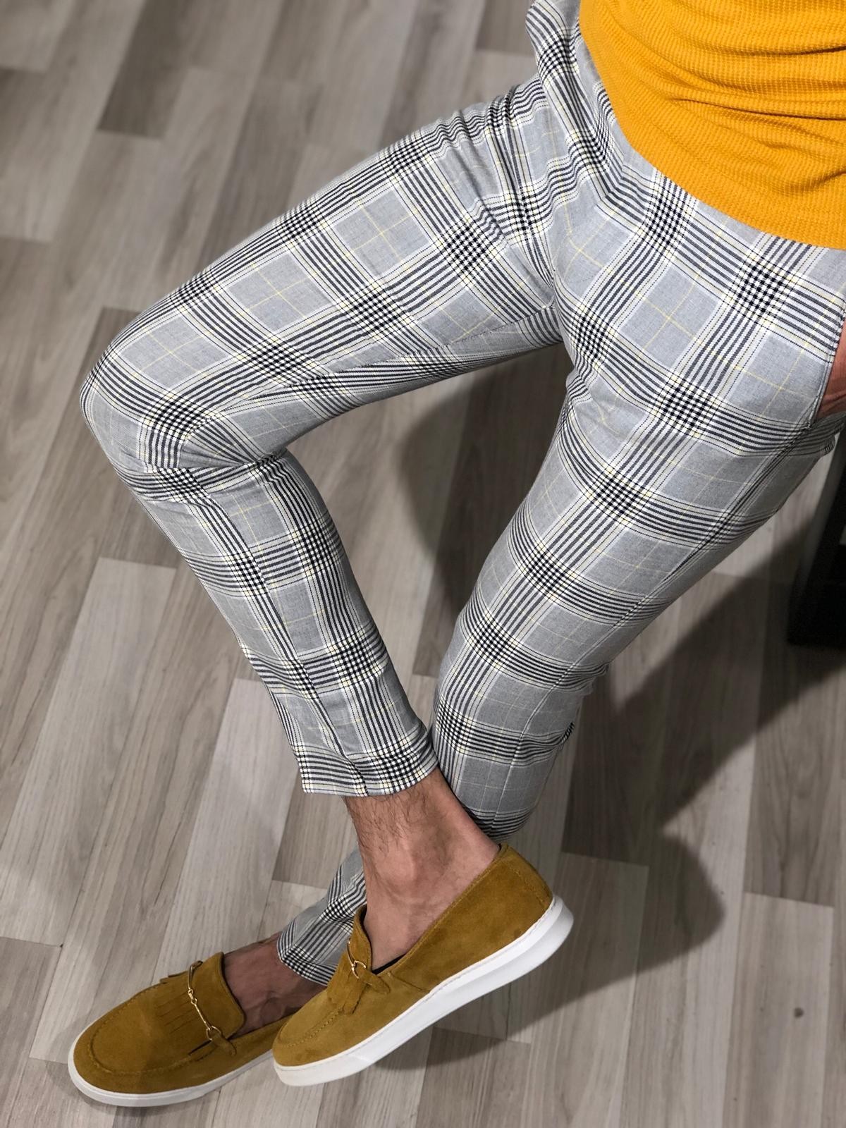 Buy Yellow Slim Fit Plaid Pants by Gentwith.com with Free Shipping