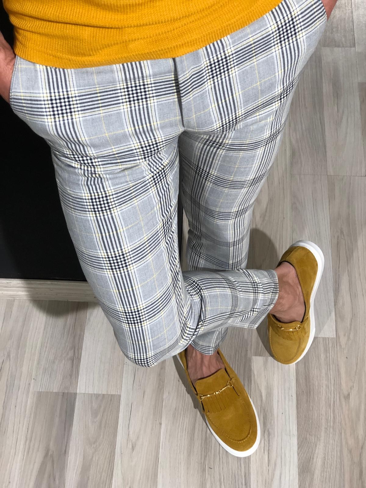 yellow plaid skinny pants