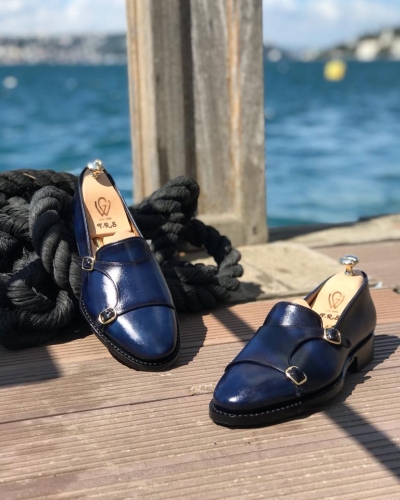 Blue Leather Double Monk Strap Loafers by GentWith.com with Free Worldwide Shipping