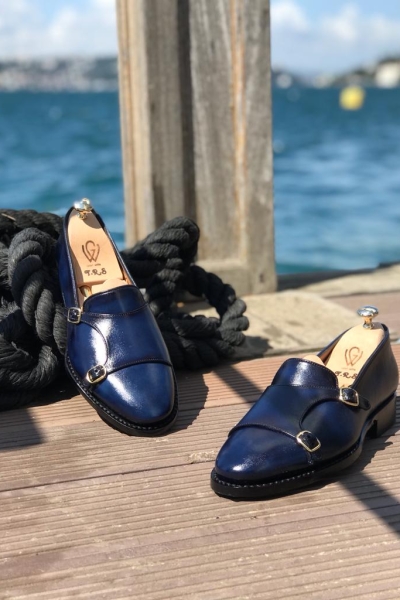 Blue Leather Double Monk Strap Loafers by GentWith.com with Free Worldwide Shipping