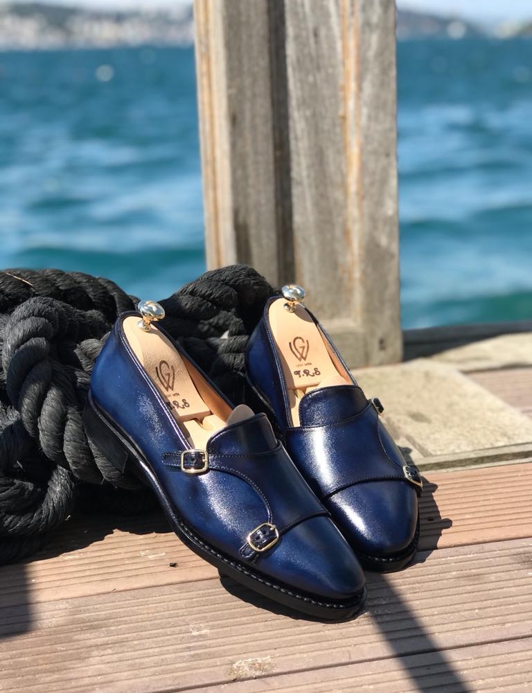 Blue Leather Double Monk Strap Loafers by GentWith.com with Free Worldwide Shipping