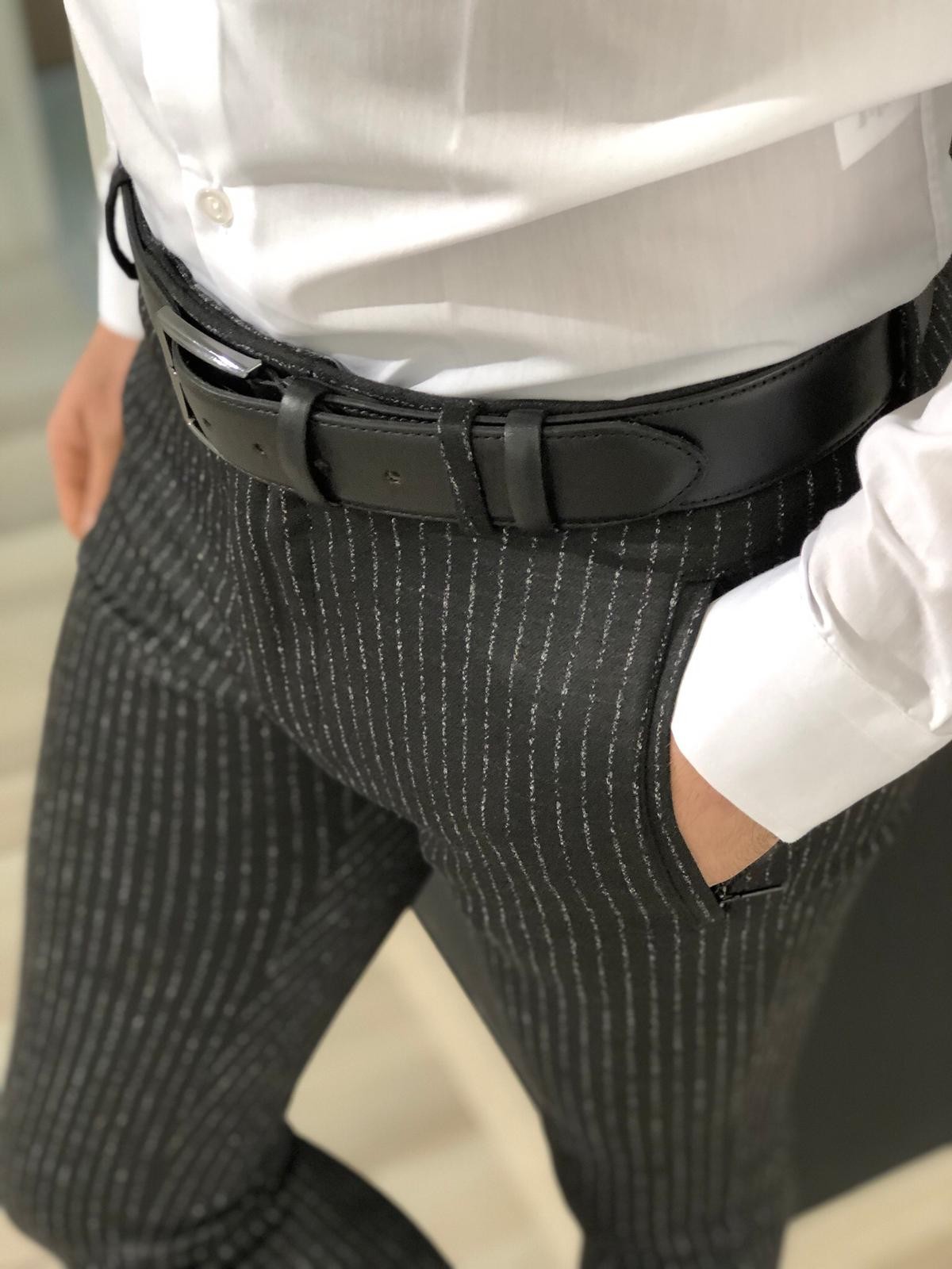 Men's elegant striped SKINNY pants black DJP28 | Fashionformen.eu