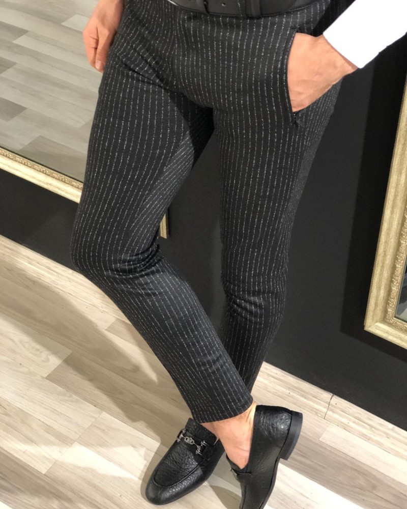Black Slim Fit Striped Pants by Gentwith.com with Free Shipping