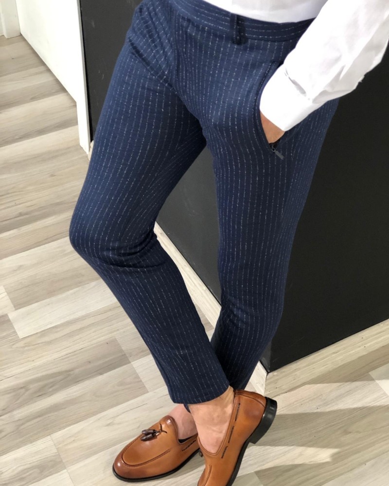 Navy Blue Slim Fit Striped Pants by Gentwith.com with Free Shipping