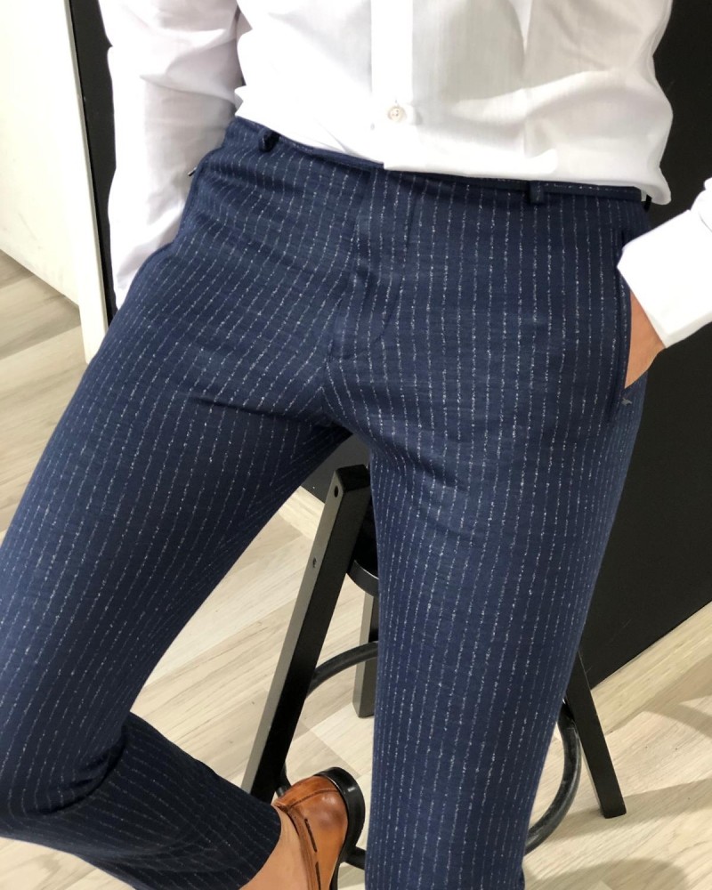 Buy Navy Blue Slim Fit Striped Pants by Gentwith.com with Free Shipping