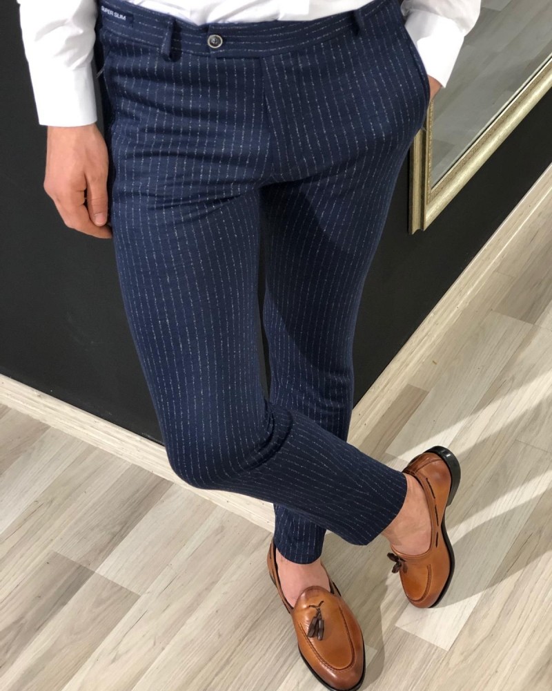 Navy Blue Slim Fit Striped Pants by Gentwith.com with Free Shipping