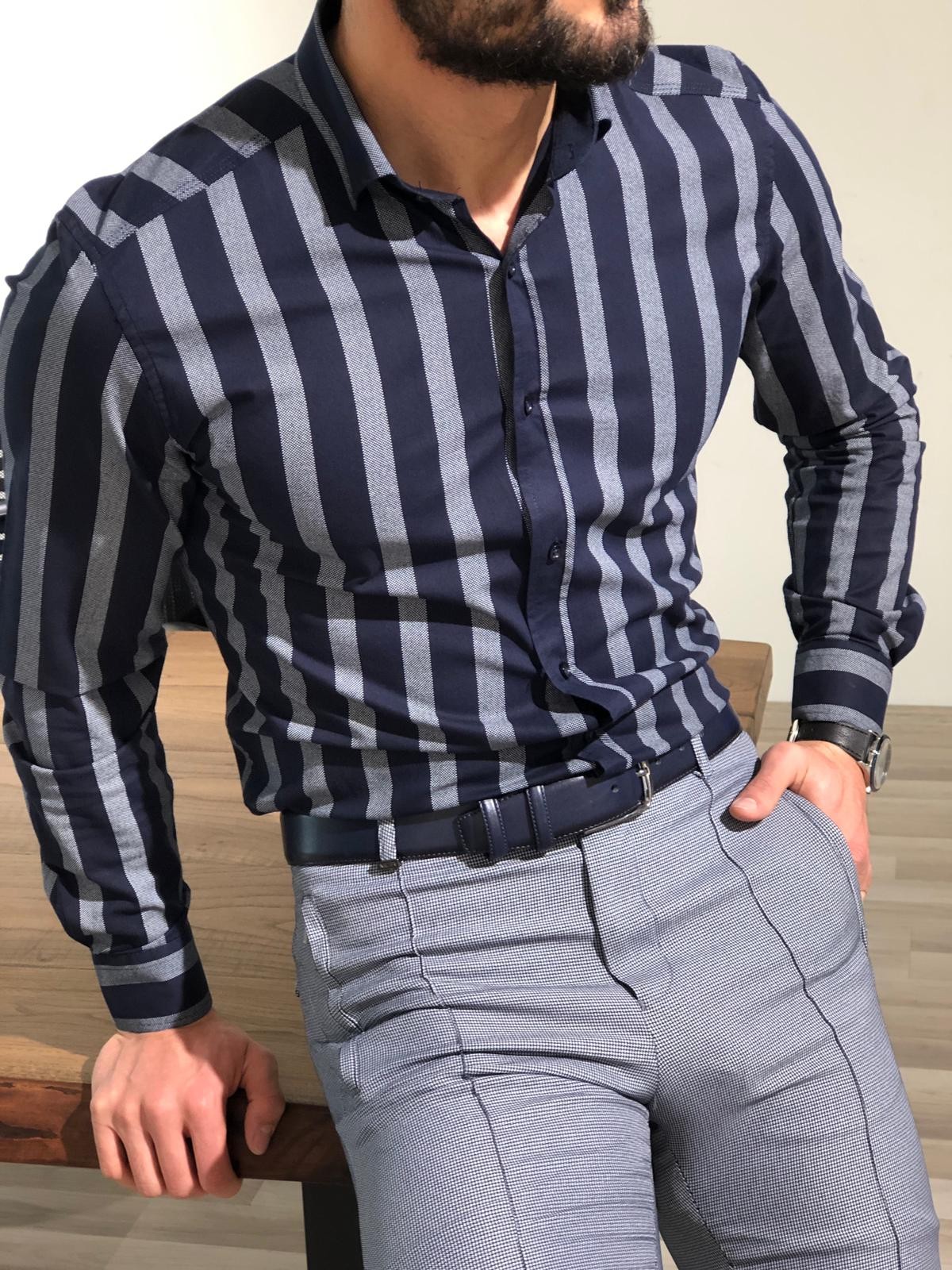 bowl have fun Volcanic Buy Navy Blue Slim Fit Striped Shirt by Gentwith.com with Free Shipping
