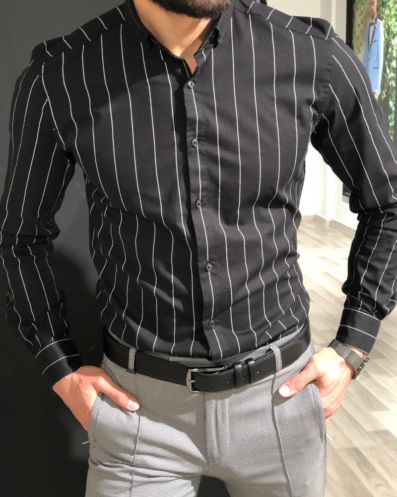 Black Slim Fit Striped Shirt by Gentwith.com with Free Shipping