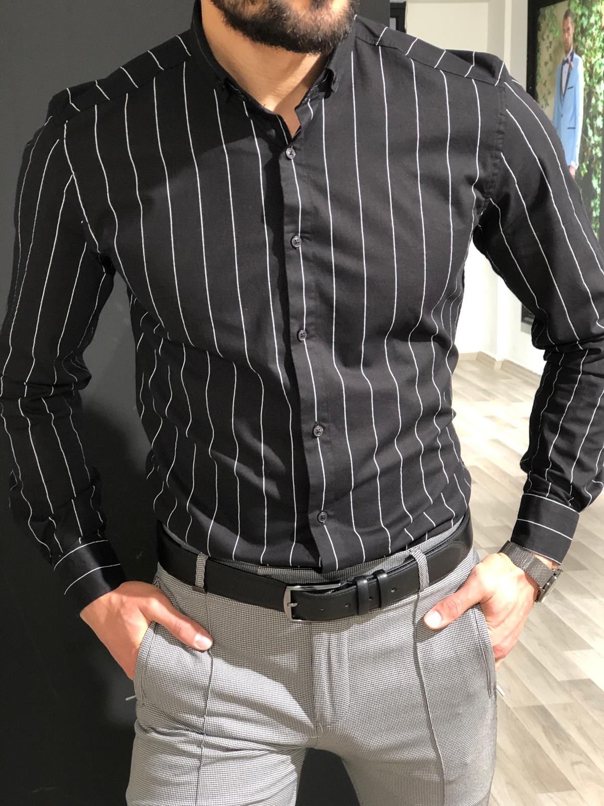 Buy Black Slim Fit Striped Shirt by Gentwith.com with Free Shipping