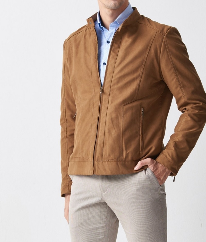 Camel Slim Fit Suede Jacket by Gentwith.com with Free Shipping