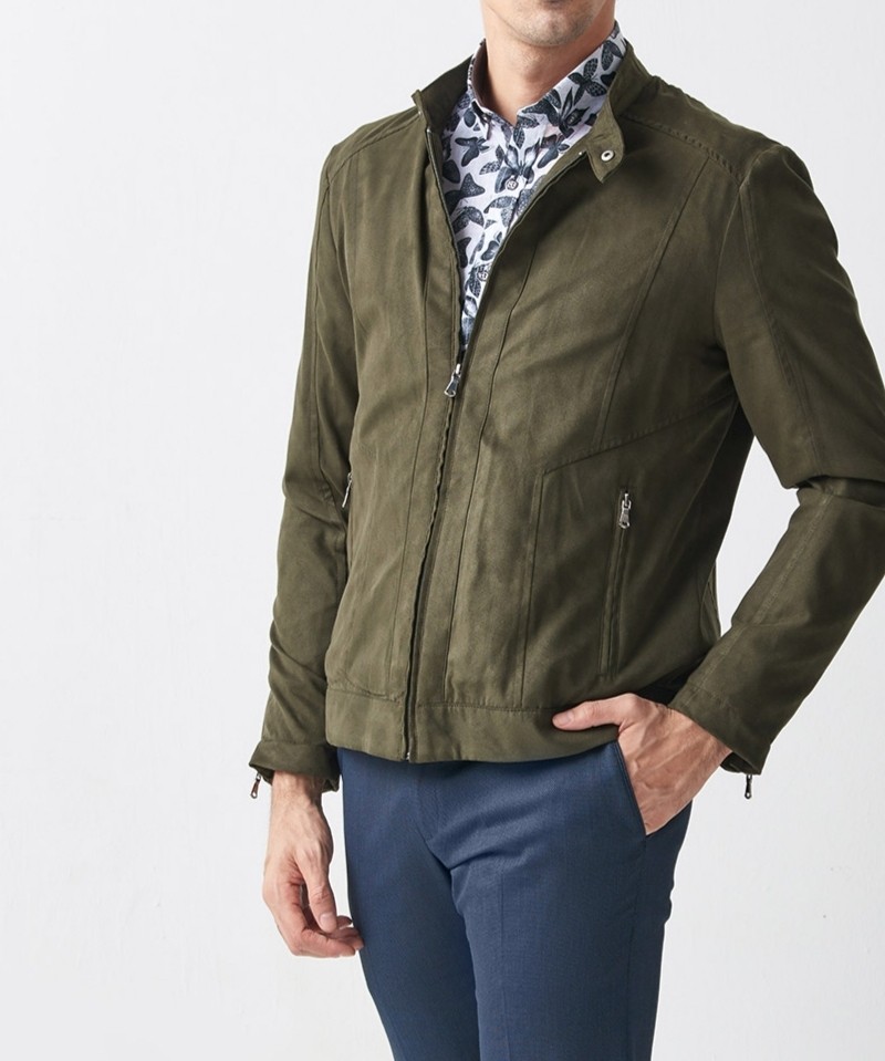 Khaki Slim Fit Suede Jacket by Gentwith.com with Free Shipping