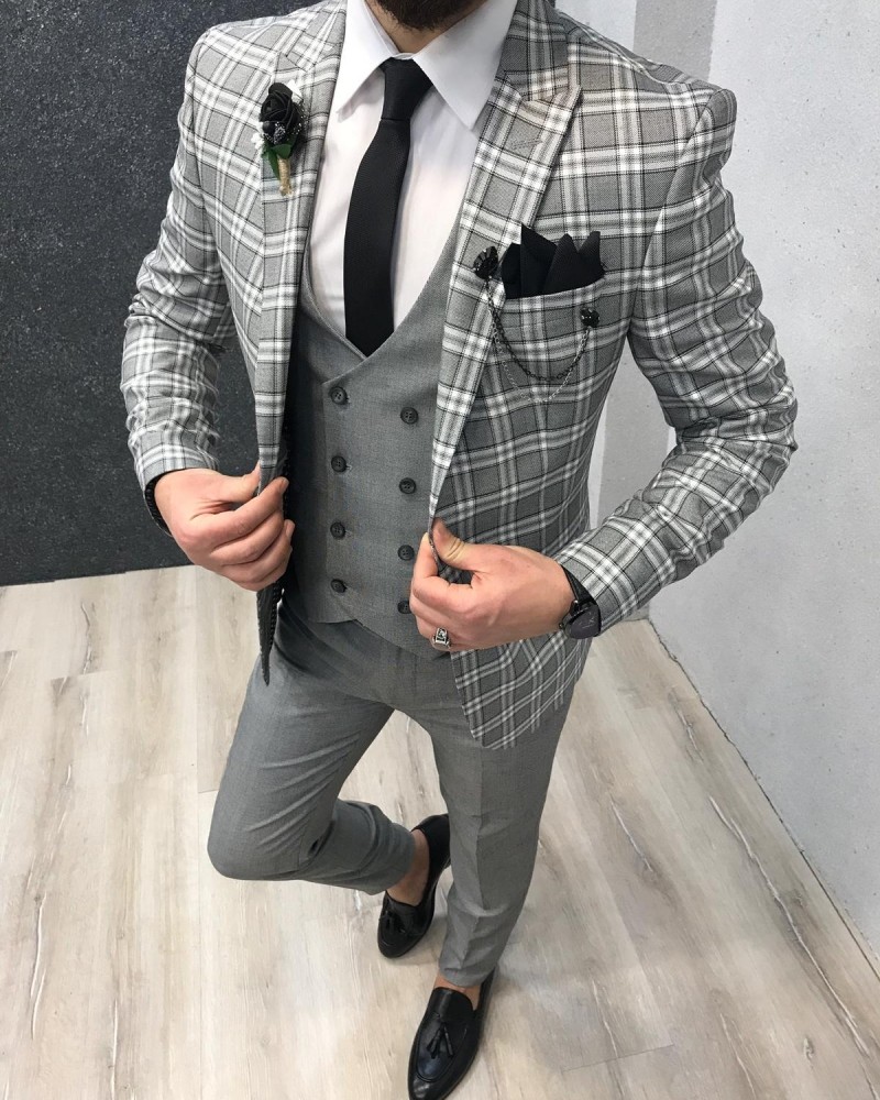 Gray Slim Fit Plaid Wool Suit by Gentwith.com with Free Shipping
