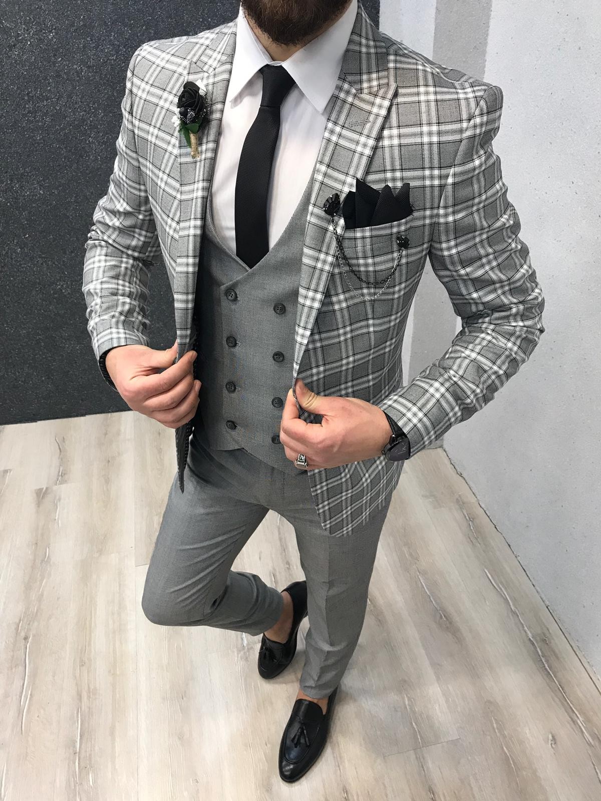 Buy Gray Slim Fit Plaid Wool Suit by Gentwith.com with Free Shipping