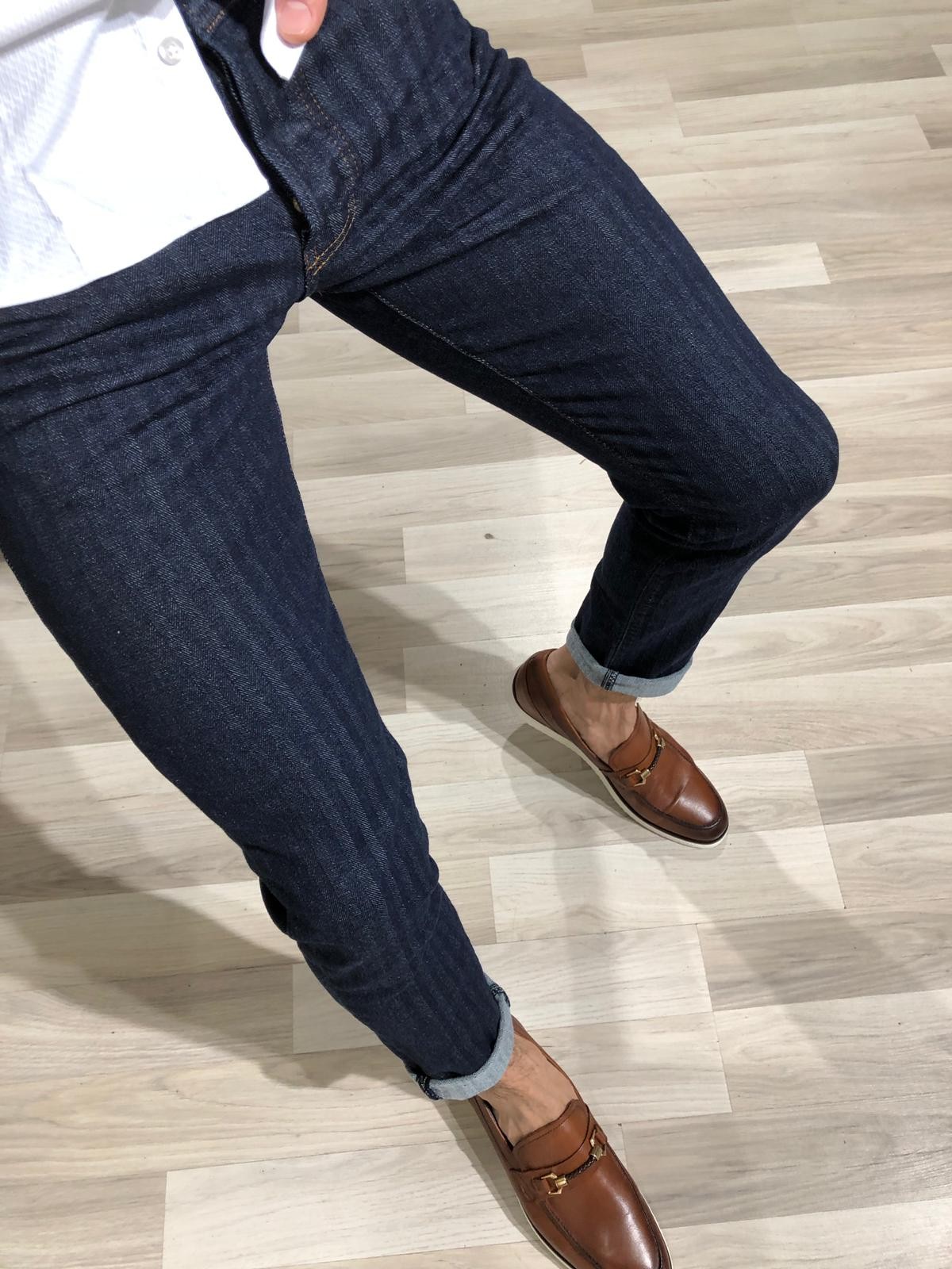 Buy Navy Blue Slim Fit Striped Jeans by Gentwith.com with Free Shipping