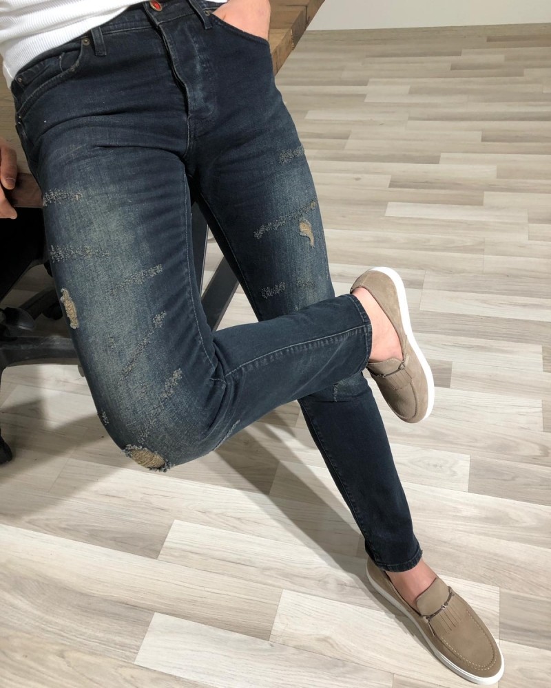 Buy Navy Blue Slim Fit Ripped Jeans at Gentwith.com with Free Shipping