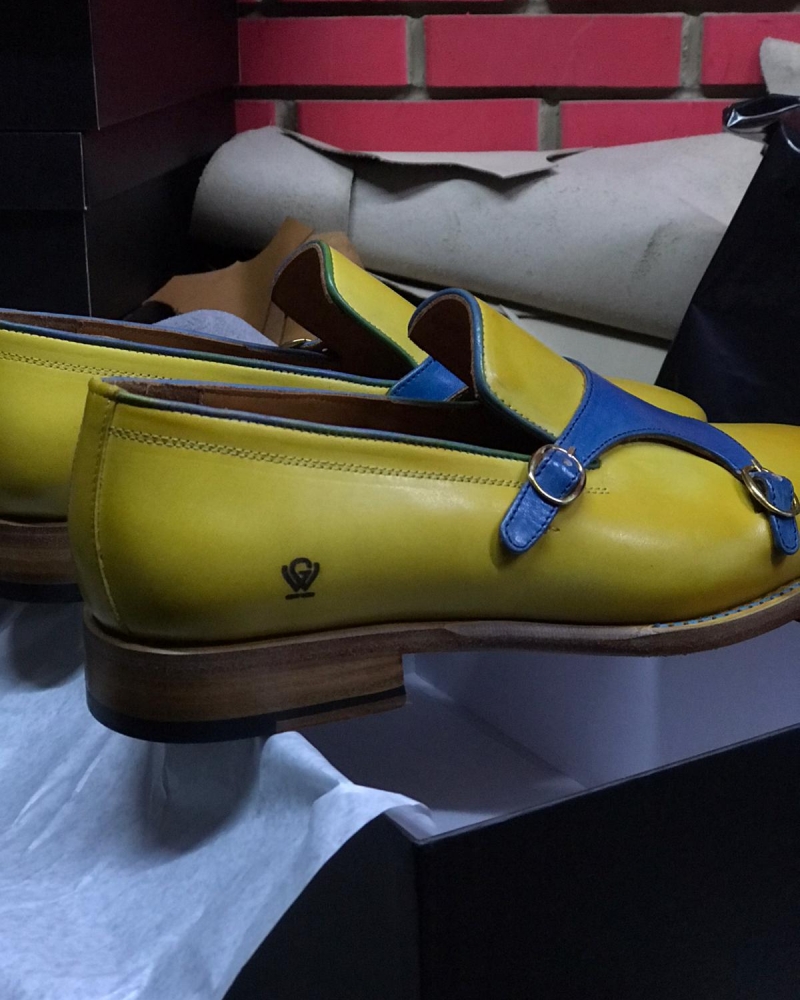 Handmade Yellow Genuine Leather Double Monk Strap Loafers by GentWith.com with Free Worldwide Shipping