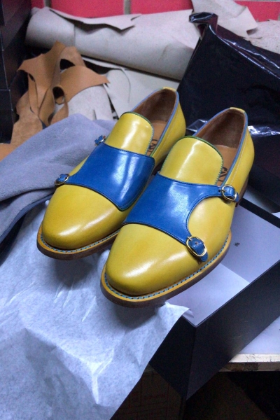 Blue Yellow Double Monk Strap Shoes