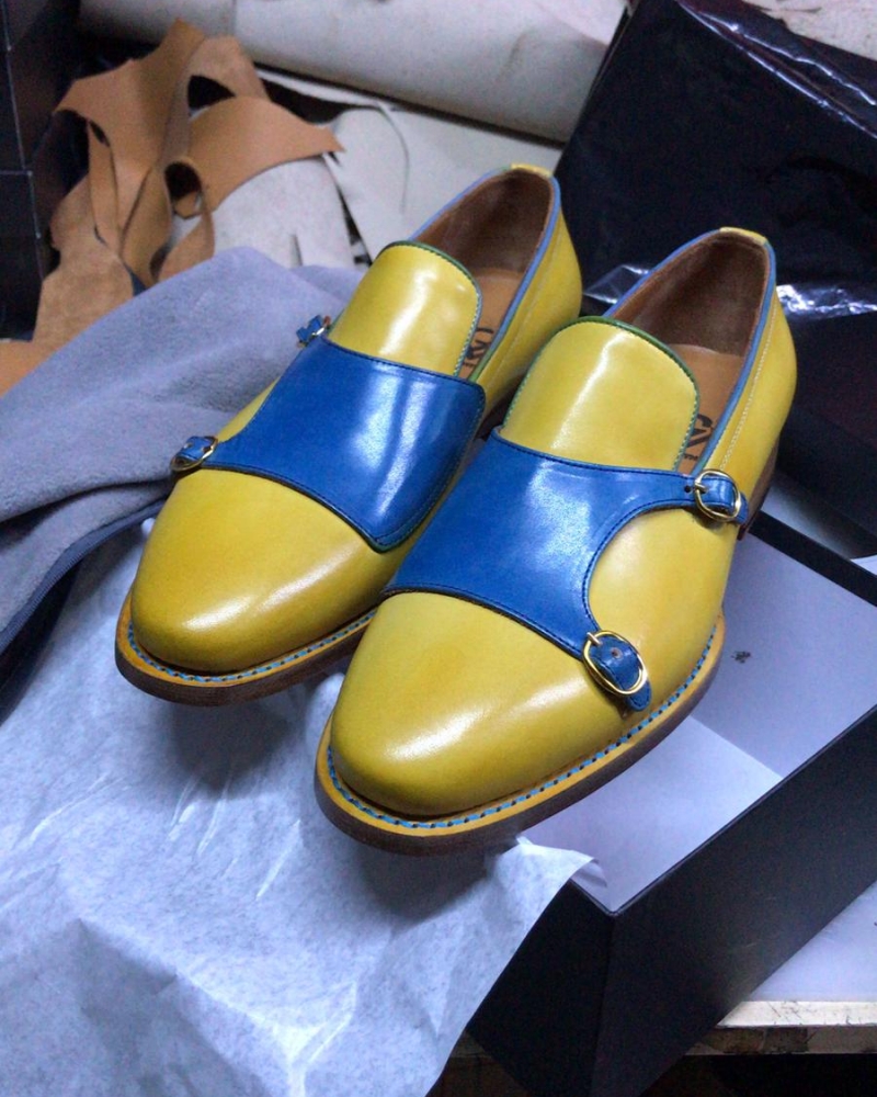 Blue Yellow Double Monk Strap Shoes