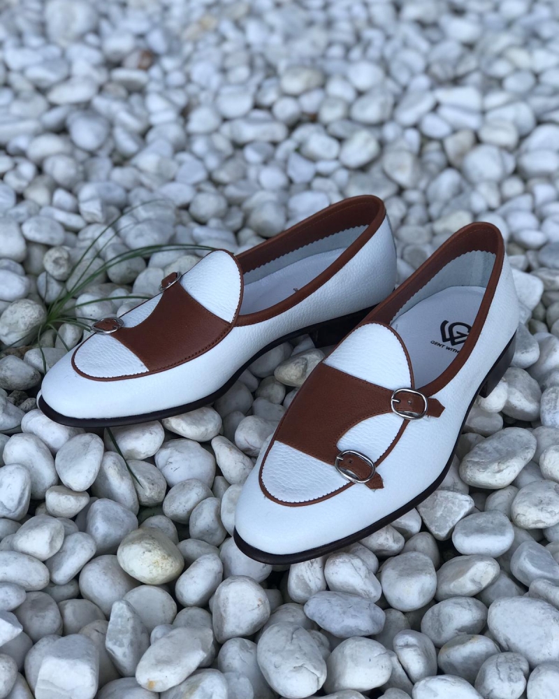 Handmade White Genuine Leather Double Monk Strap Loafers by GentWith.com with Free Worldwide Shipping