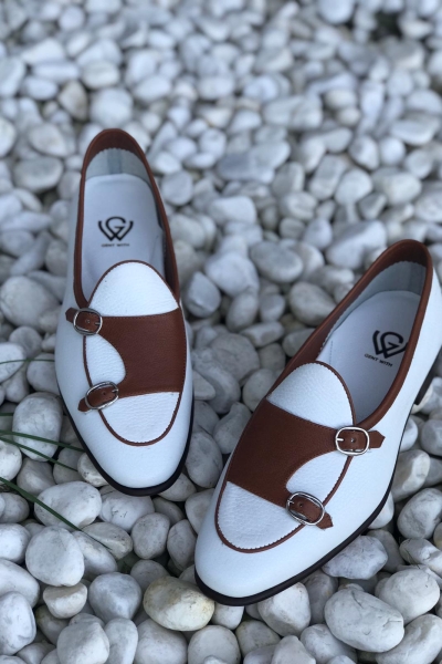 Brown White Double Monk Strap Shoes