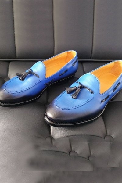 Blue Handmade Calf Leather Bespoke Shoes by