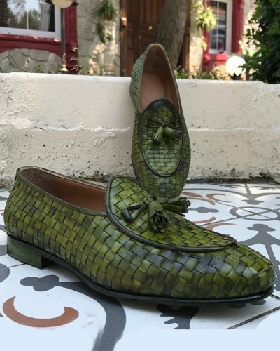 Green Handmade Calf Leather Bespoke Shoes by