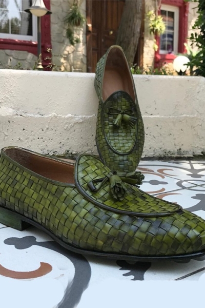 Green Handmade Calf Leather Bespoke Shoes by