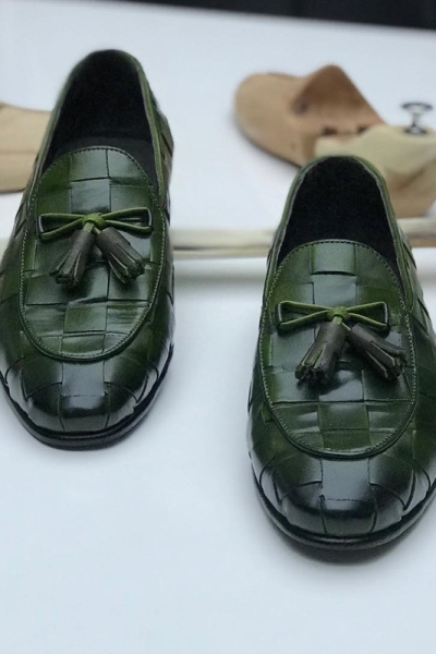 Green Handmade Calf Leather Bespoke Shoes by