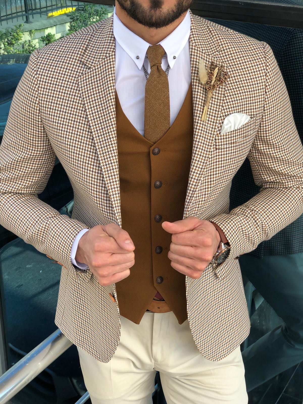 Buy Camel Slim Fit Plaid Suit by Gentwith.com with Free Shipping