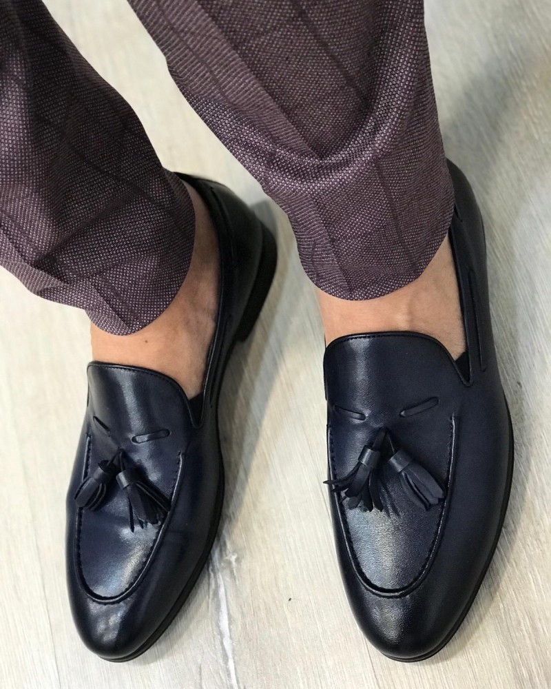 Blue Leather Tassel Loafer by Gentwith.com with Free Shipping