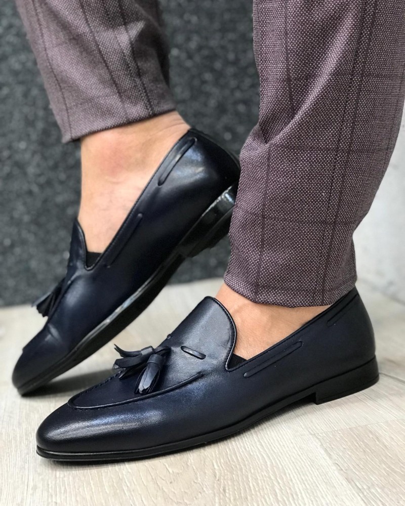 Blue Leather Tassel Loafer by Gentwith.com with Free Shipping