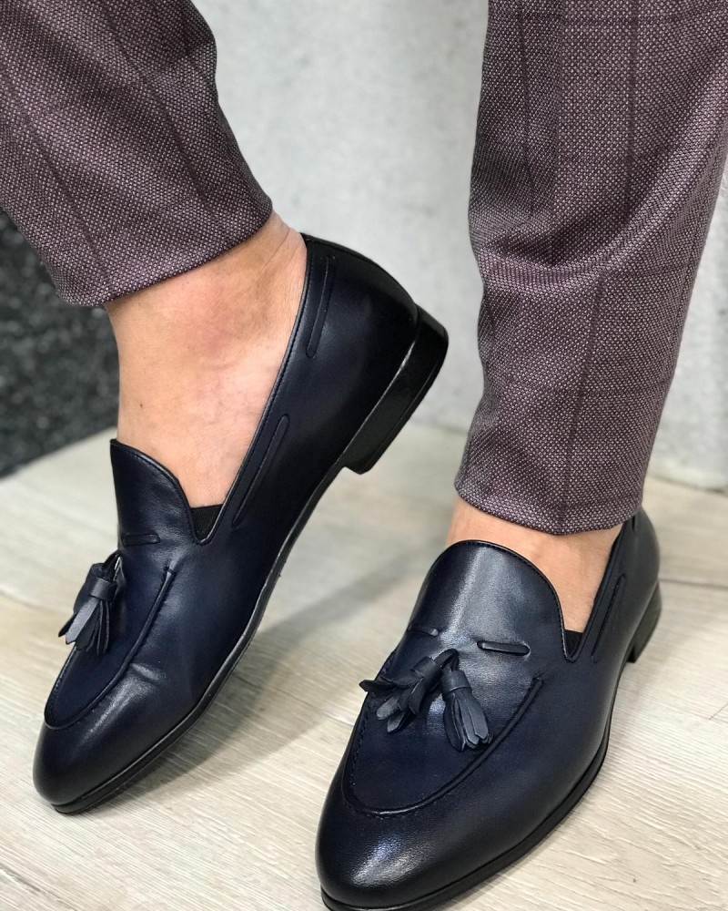 Blue Leather Tassel Loafer by Gentwith.com with Free Shipping