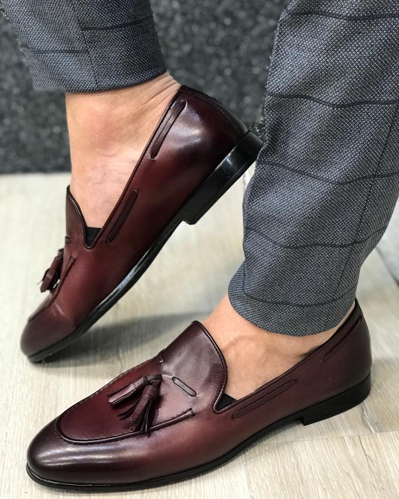 Claret Red Leather Tassel Loafer by Gentwith.com with Free Shipping