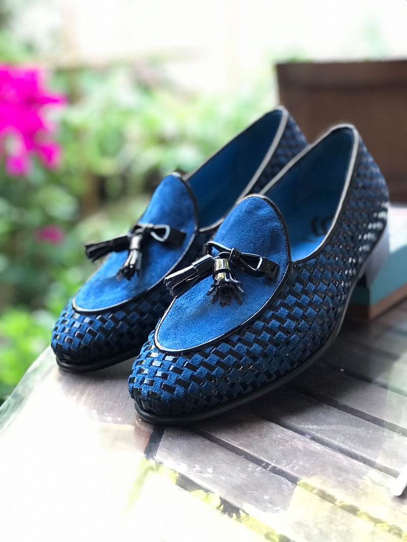 Men Blue Loafer Tassel Suede Leather Shoes